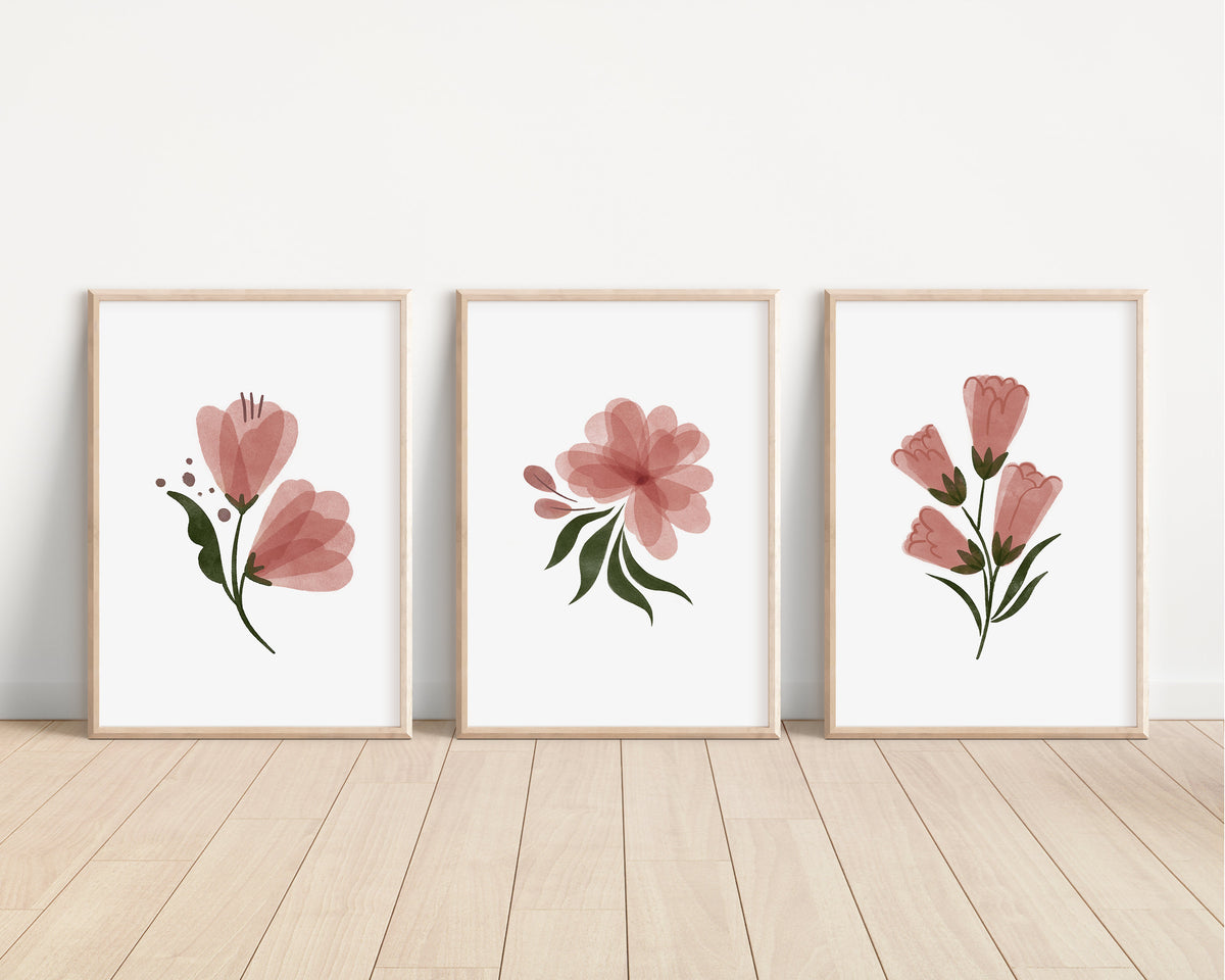 Boho Floral Set of 3 Nursery Art Prints, Butterfly Nursery Wall Art, Pink Nursery Decor, Play Room, Girl Baby Room Ideas, 070
