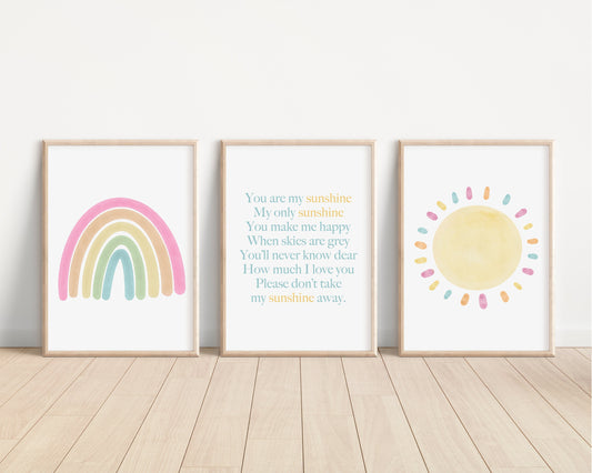 Pastel You Are My Sunshine Set of 3 Nursery Art Prints, Sun, Rainbow Nursery Wall Art, Nursery Decor, Play Room, Baby Room Ideas, 079