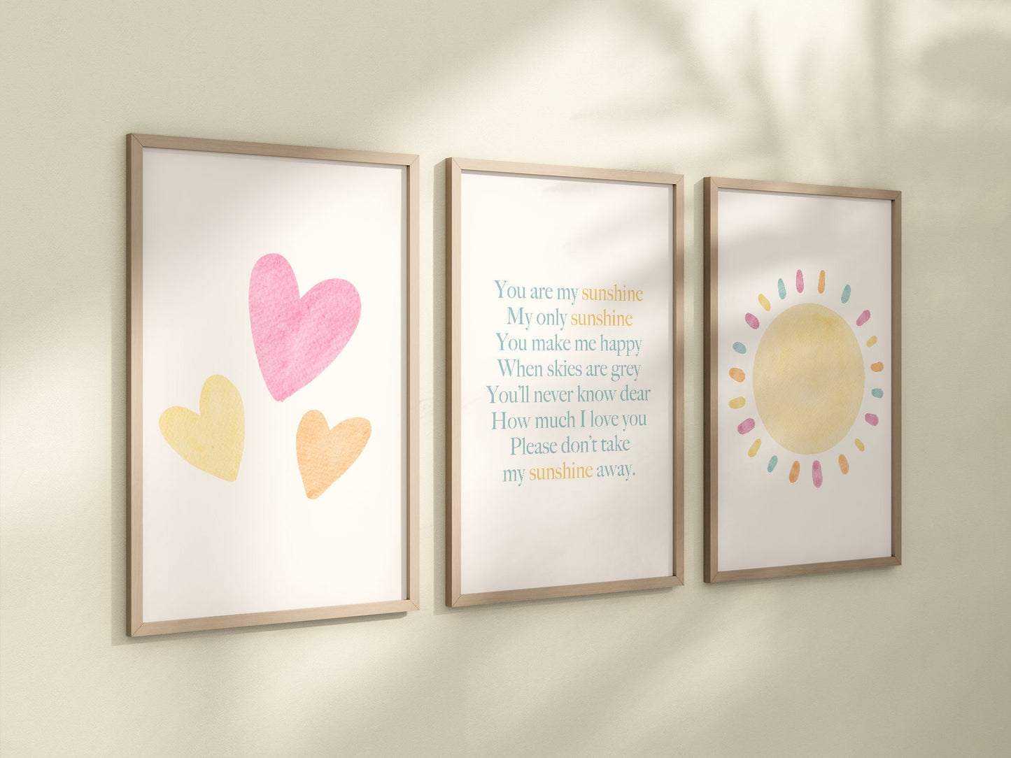 Pastel You Are My Sunshine Set of 3 Nursery Art Prints, Sun, Hearts Nursery Wall Art, Nursery Decor, Play Room, Baby Room Ideas, 080