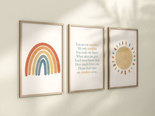 Set of 3 You Are My Sunshine Nursery Art Prints, Sun, Rainbow Nursery Wall Art, Nursery Decor, Play Room, Baby Room Ideas, 081