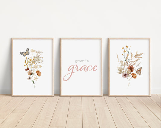 Set of 3 Grow in Grace Boho Wildflowers Floral Art Prints, Botanical, Bloom Bouquet, Nursery Decor, Play Room, Girl Baby Room Ideas 085