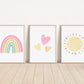 Set of 3 Nursery Art Prints with Pastel Rainbow, Sun and Hearts