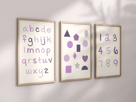 Set of 3 Lavender Alphabet and Shapes Nursery Art Prints, Education Wall Decor, Girls Nursery, Nursery Decor, Baby Girl Play Room Ideas 068