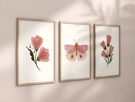 Boho Butterfly Floral Set of 3 Nursery Art Prints, Butterfly Nursery Wall Art, Pink Nursery Decor, Play Room, Girl Baby Room Ideas, 072