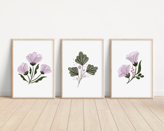 Set of 3 Boho Floral Nursery Prints, Bohemian wall art, Purple Nursery Decor, Watercolor Floral Nursery, Girl Nursery Decor, Lavender, 076