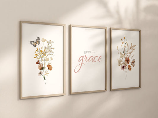Set of 3 Grow in Grace Boho Wildflowers Floral Art Prints, Botanical, Bloom Bouquet, Nursery Decor, Play Room, Girl Baby Room Ideas 085