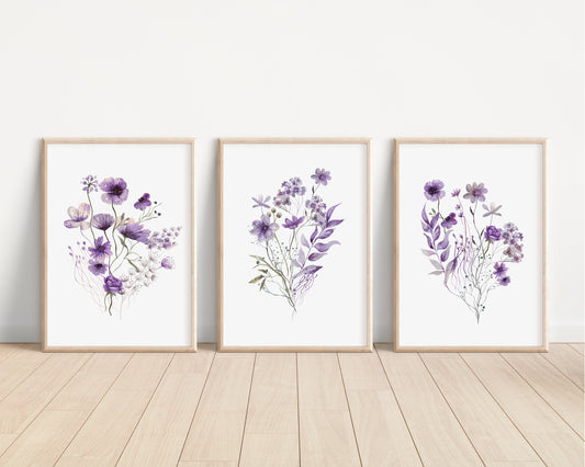 Set of 3 Purple Boho Wildflowers Floral Art Prints, Wall Art, Meadows, Bloom Bouquet, Nursery Decor, Play Room, Girl Baby Room Ideas 088