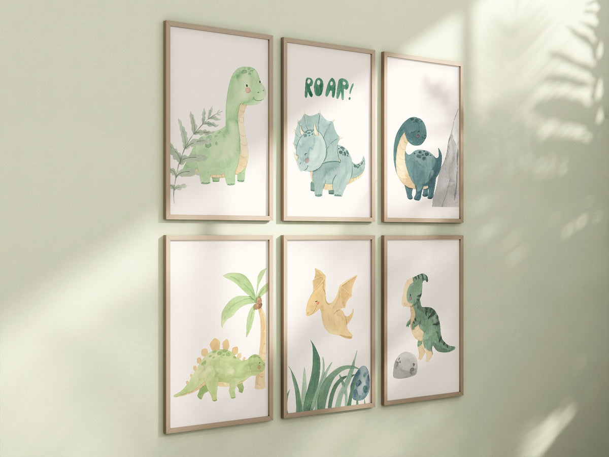 Dinosaur Set of 6 Nursery Art Prints, Boy Nursery Wall Art Blue Green, Dino Nursery Decor, Play Room, Boy Baby Ideas, Kids room, roar,087