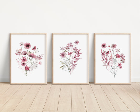 Set of 3 Maroon Boho Wildflowers Floral Art Prints, Wall Art, Meadows, Bloom Bouquet, Nursery Decor, Play Room, Girl Baby Room Ideas 089
