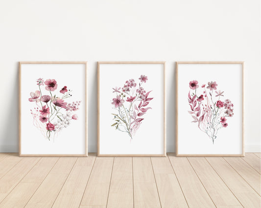 Set of 3 Maroon Boho Wildflowers Floral Art Prints, Wall Art, Meadows, Bloom Bouquet, Nursery Decor, Play Room, Girl Baby Room Ideas 089
