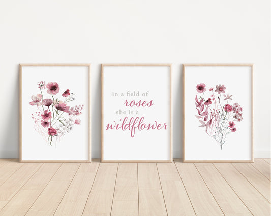 Set of 3 Boho Maroon Red Wildflowers Floral Art Prints, Leaf Art, Botanical,  Bloom Bouquet, Nursery Decor, Girl Baby Room Ideas 090