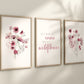 Set of 3 Boho Maroon Red Wildflowers Floral Art Prints, Leaf Art, Botanical,  Bloom Bouquet, Nursery Decor, Girl Baby Room Ideas 090