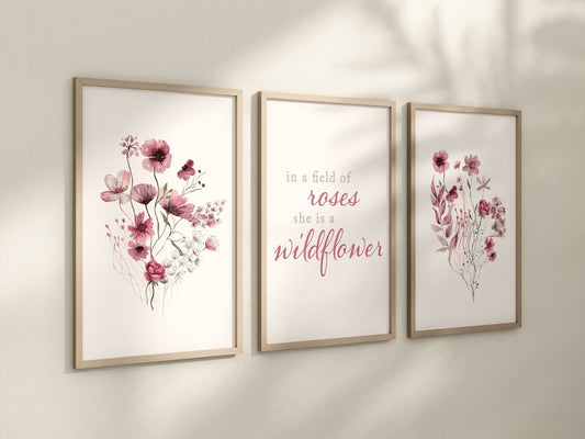 Set of 3 Boho Maroon Red Wildflowers Floral Art Prints, Leaf Art, Botanical,  Bloom Bouquet, Nursery Decor, Girl Baby Room Ideas 090