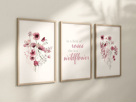 Set of 3 Boho Maroon Red Wildflowers Floral Art Prints, Leaf Art, Botanical,  Bloom Bouquet, Nursery Decor, Girl Baby Room Ideas 090