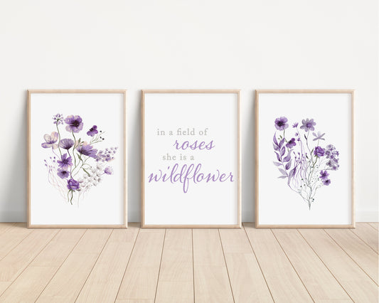 Set of 3 Boho Lavender Wildflowers Floral Art Prints, Leaf Art, Botanical,  Bloom Bouquet, Nursery Decor, Girl Baby Room Ideas 086