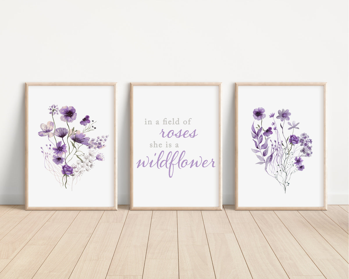 Set of 3 Boho Lavender Wildflowers Floral Art Prints, Leaf Art, Botanical,  Bloom Bouquet, Nursery Decor, Girl Baby Room Ideas 086