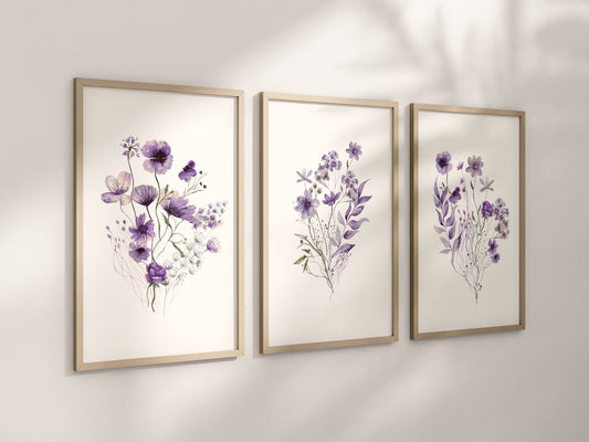 Set of 3 Purple Boho Wildflowers Floral Art Prints, Wall Art, Meadows, Bloom Bouquet, Nursery Decor, Play Room, Girl Baby Room Ideas 088