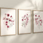 Set of 3 Maroon Boho Wildflowers Floral Art Prints, Wall Art, Meadows, Bloom Bouquet, Nursery Decor, Play Room, Girl Baby Room Ideas 089