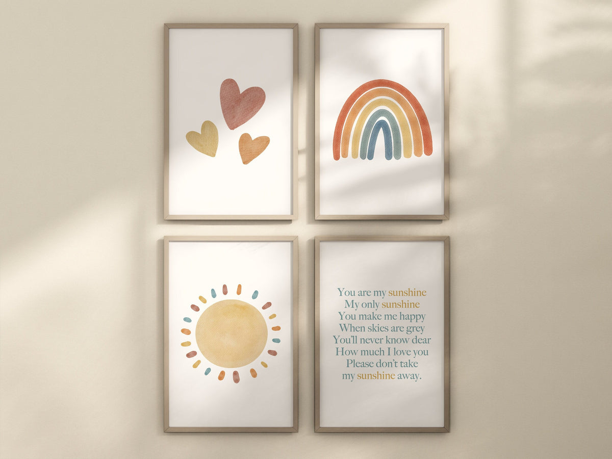 You Are My Sunshine Set of 4 Nursery Art Prints, Sun, Rainbow Nursery Wall Art, Nursery Decor, Play Room, Baby Room Ideas, 094