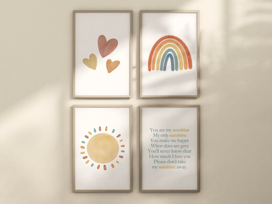 You Are My Sunshine Set of 4 Nursery Art Prints, Sun, Rainbow Nursery Wall Art, Nursery Decor, Play Room, Baby Room Ideas, 094