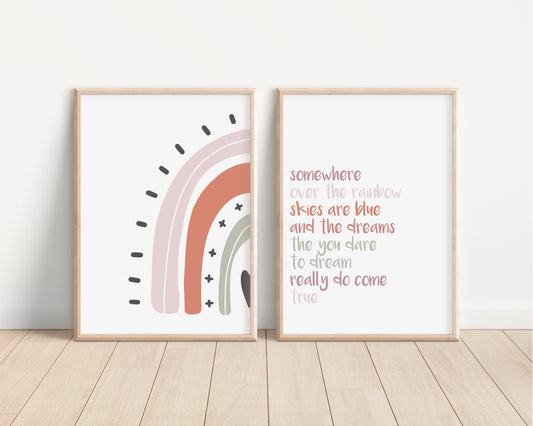 Boho Rainbow Set of 2 Nursery Prints, Over the Rainbow, Boho Nursery Wall Art, Pink Artwork, Nursery Artwork, Boho Nursery Artwork 027