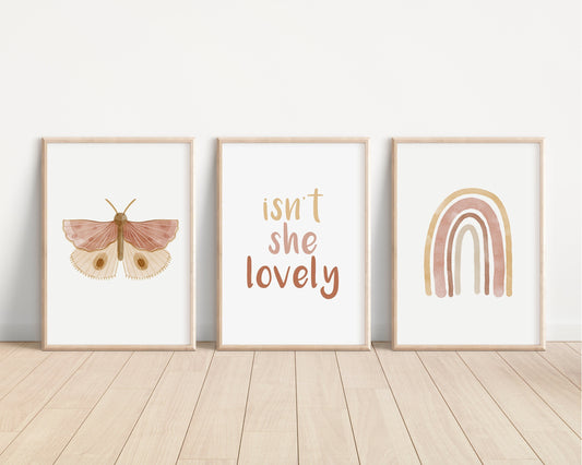 Boho Butterfly Rainbow, Isn't She Lovely, Set of 3 Nursery Art Prints, Butterfly Nursery Wall Art, Play Room, Girl Baby Room Ideas, 040