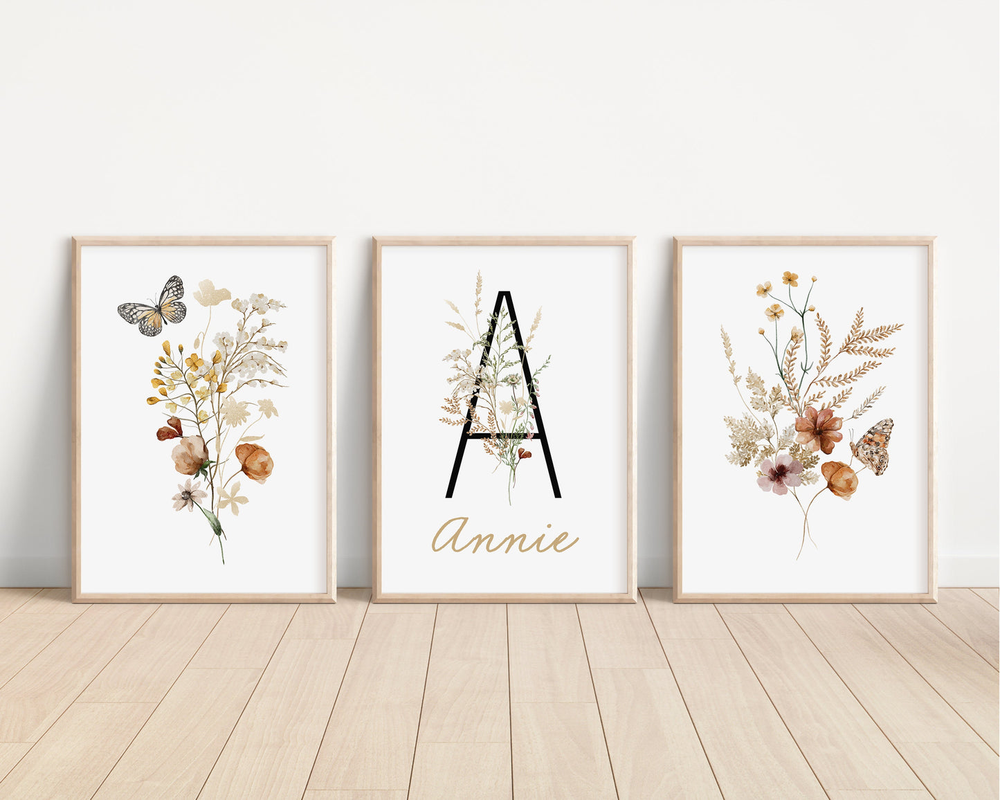 Personalized Set of 3 Boho Wildflowers Floral Art Prints, Leaf, Botanical, Bloom Bouquet, Nursery Decor, Play Room, Girl Baby Room Ideas