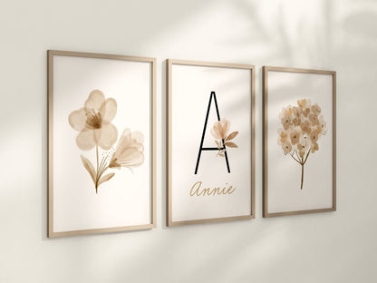 Personalized Boho Floral Set of 3 Nursery Art Prints, Nursery Wall Art, Neutral Nursery Decor, Play Room, Girl Baby Room, 097