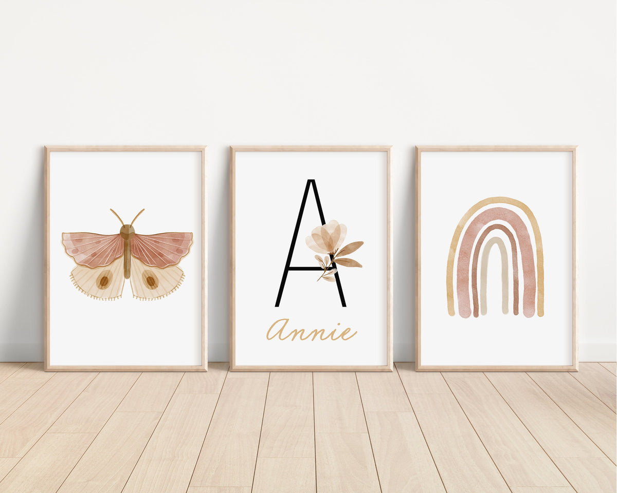 Personalized Boho Butterfly Floral, Set of 3 Nursery Art Prints, Butterfly Nursery Wall Art, Play Room, Girl Baby Room Ideas, 099