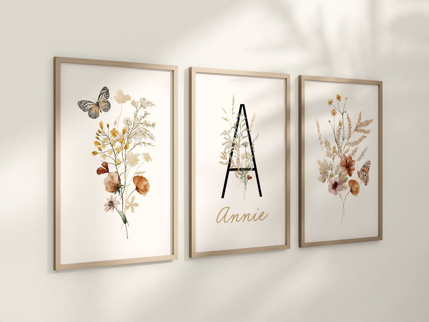 Personalized Set of 3 Boho Wildflowers Floral Art Prints, Leaf, Botanical, Bloom Bouquet, Nursery Decor, Play Room, Girl Baby Room Ideas