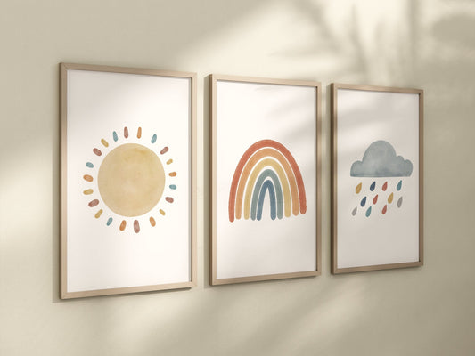 Boho Rainbow Sun Cloud Set of 3 Nursery Art Prints, Weather colorful Nursery Wall Art, Nursery Decor, Play Room, Baby Room Ideas, 007