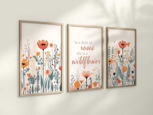 Set of 3 Pastel Wildflowers Floral Art Prints, Leaf Art, Botanical, Bloom Bouquet, Nursery Decor, Play Room, Girl Baby Room Ideas 101