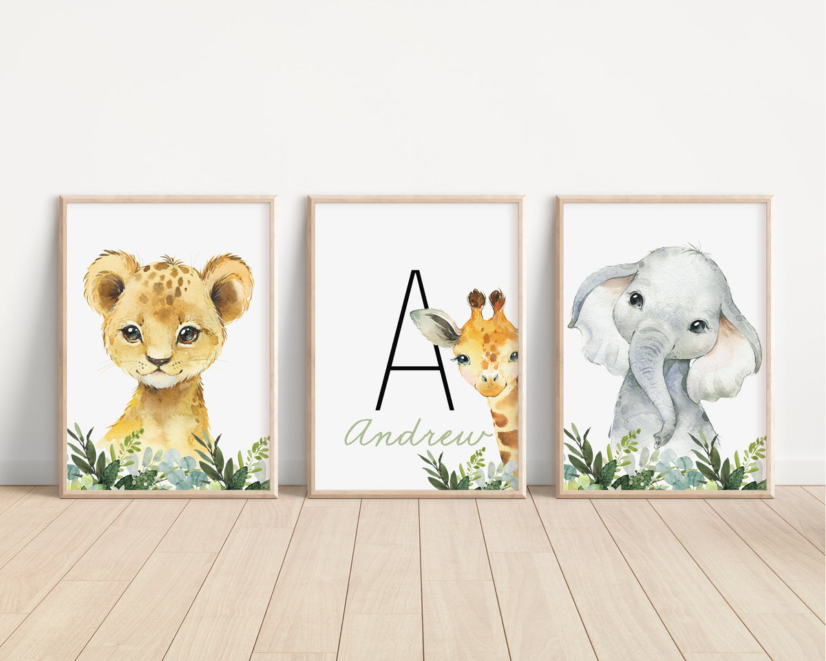Personalized Set of 3 Safari Animal Nursery Prints with Lion, Elephant, and Giraffe