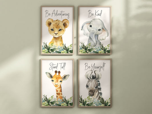 Set of 4 Safari Animal Nursery Prints, Jungle Animals, Greenery, Boy Nursery Wall Art, Shower Gift, Printed, 105