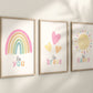Pastel Rainbow Sun Hearts Set of 3 Nursery Art Prints, Affirmation colorful Nursery Wall Art, Nursery Decor, Play Room, Baby Room Ideas, 110