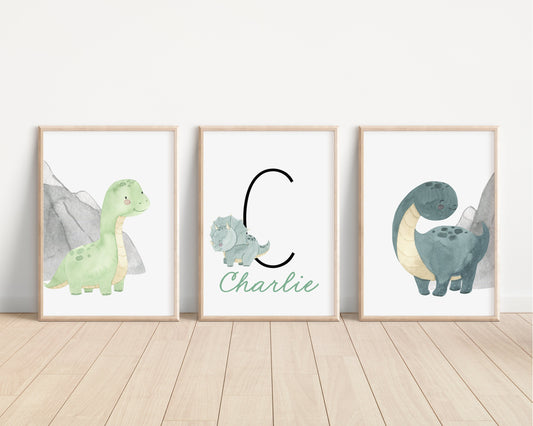 Personalized Dinosaur Set of 3 Nursery Art Prints, Boy Nursery Wall Art Green, Dino Nursery Decor, Play Room, Boy Baby Ideas, Kids room, 112