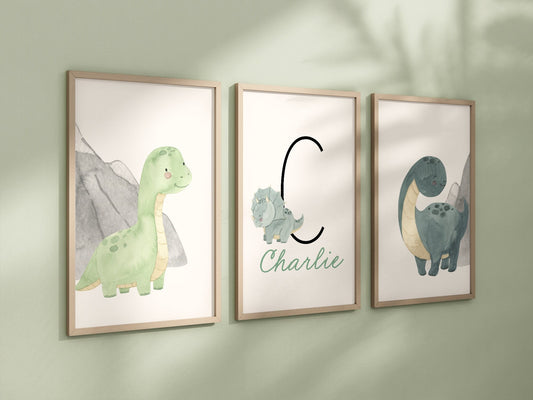 Personalized Dinosaur Set of 3 Nursery Art Prints, Boy Nursery Wall Art Green, Dino Nursery Decor, Play Room, Boy Baby Ideas, Kids room, 112