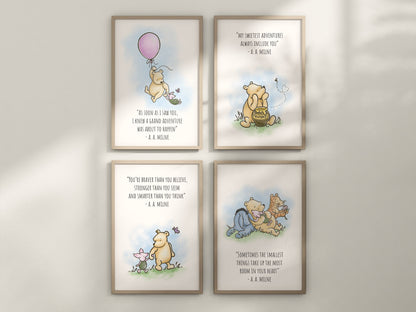 Set of 4 Classic Winnie-the-Pooh Nursery art prints, Gender Neutral Nursery, Winnie-the-Pooh inspirational quotes, new baby gift, 121