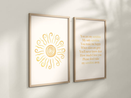 You Are My Sunshine Set of 2 Nursery Prints, Boho Nursery Wall Art, You are my Sunshine Artwork, Sun Nursery Artwork, Boho Nursery, 125