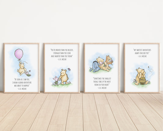 Set of 4 Classic Winnie-the-Pooh Nursery art prints, Gender Neutral Nursery, Winnie-the-Pooh inspirational quotes, new baby gift, 121