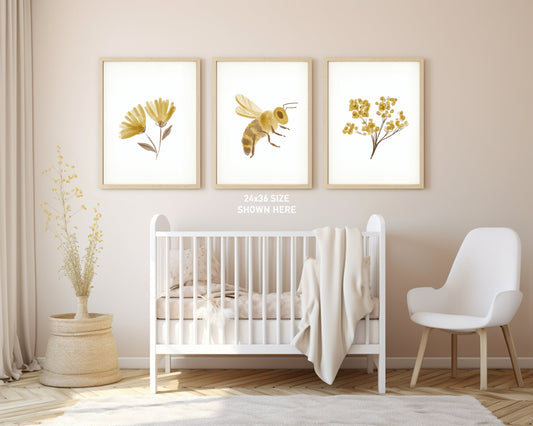 Boho Floral Bee Art Prints, Yellow Nursery Wall Art, Nursery Decor, Play Room, Baby Room Ideas, Set of 3