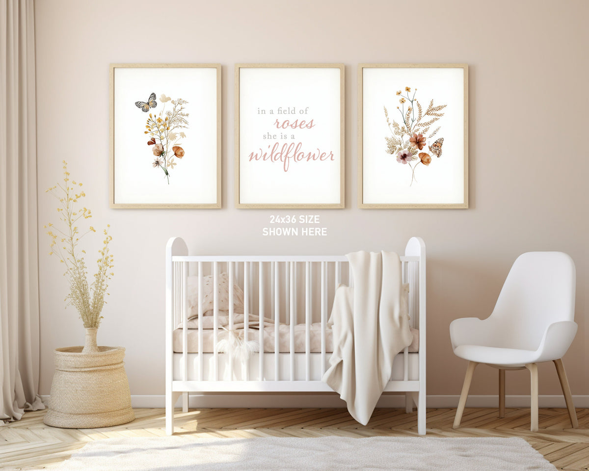 Set of 3 Boho Wildflowers Floral Art Prints, Leaf Art, Botanical Meadows, Bloom Bouquet, Nursery Decor, Play Room, Girl Baby Room Ideas 060