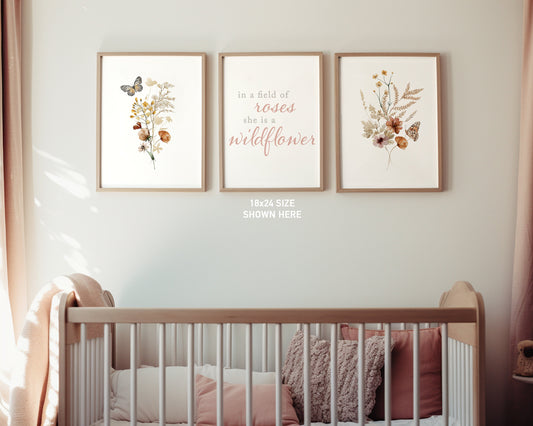 Set of 3 Boho Wildflowers Floral Art Prints, Leaf Art, Botanical Meadows, Bloom Bouquet, Nursery Decor, Play Room, Girl Baby Room Ideas 060