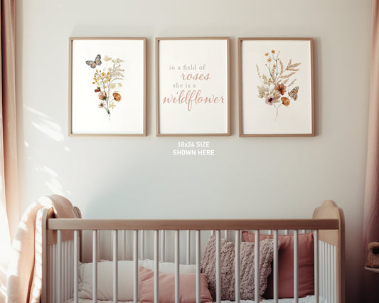 Set of 3 Boho Wildflowers Floral Art Prints, Leaf Art, Botanical Meadows, Bloom Bouquet, Nursery Decor, Play Room, Girl Baby Room Ideas 060