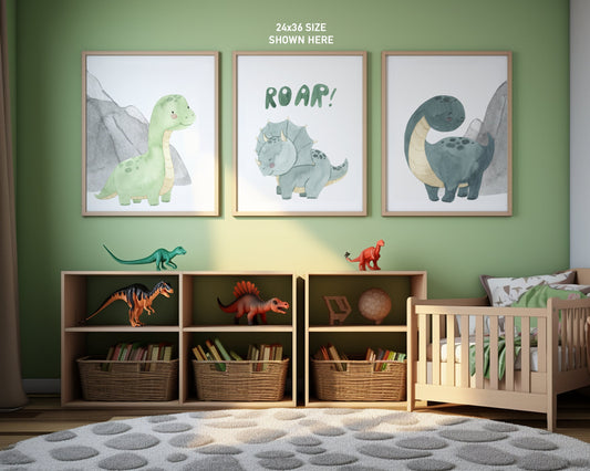 Dinosaur Set of 3 Nursery Art Prints, Boy Nursery Wall Art Blue Green, Dino Nursery Decor, Play Room, Boy Baby Ideas, Kids room, roar,006