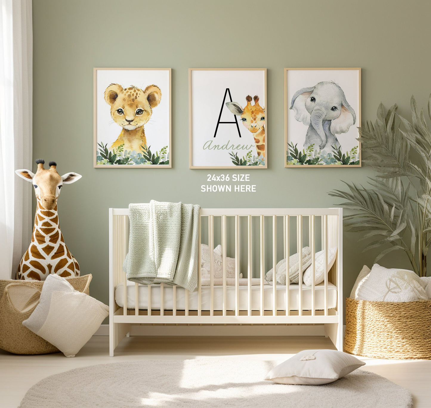 Personalized Set of 3 Safari Animal Nursery Prints with Lion, Elephant, and Giraffe