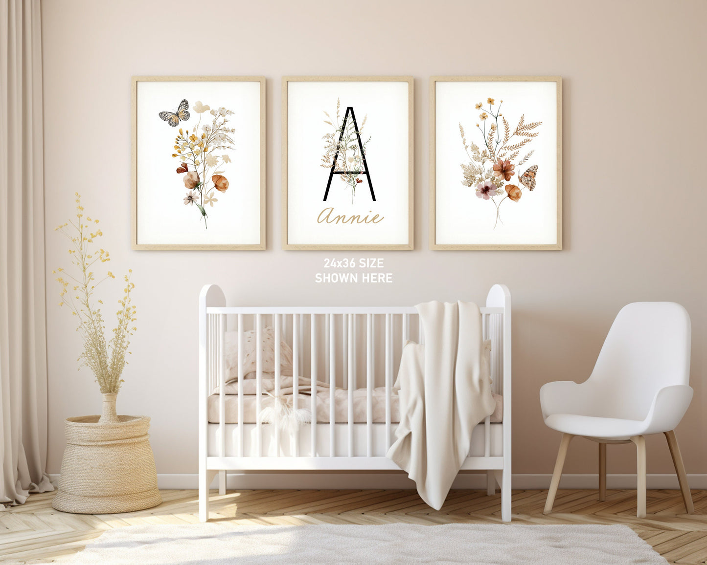 Personalized Set of 3 Boho Wildflowers Floral Art Prints, Leaf, Botanical, Bloom Bouquet, Nursery Decor, Play Room, Girl Baby Room Ideas