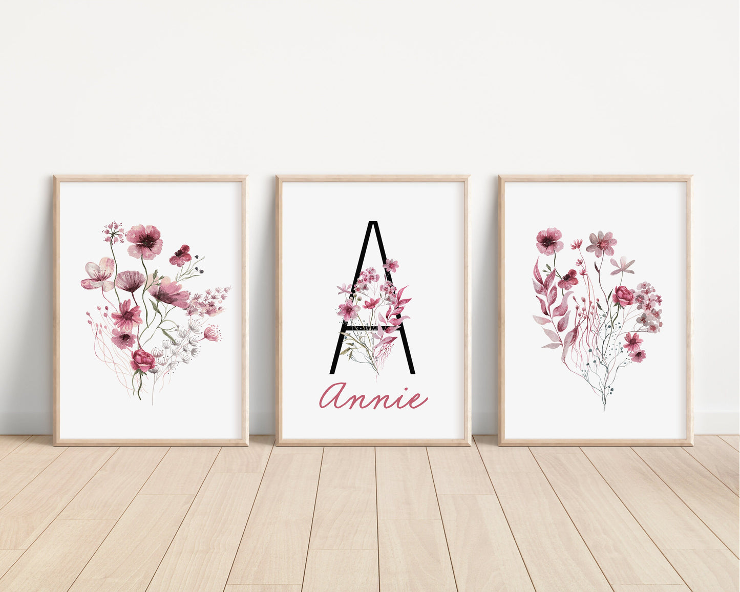 Personalized Set of 3 Maroon Boho Wildflowers Floral Art Prints, Wall Art, Bloom Bouquet, Nursery Decor, Play Room, Girl Baby Room Ideas 130
