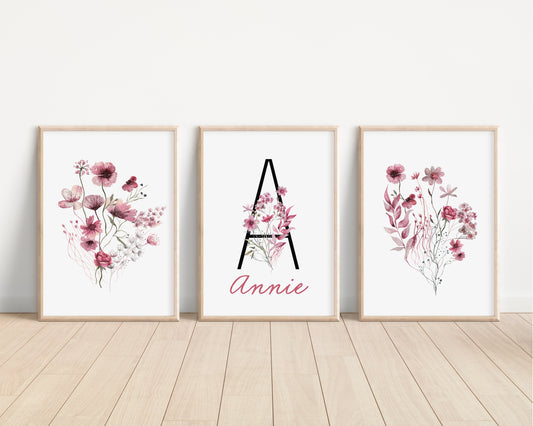 Personalized Set of 3 Maroon Boho Wildflowers Floral Art Prints, Wall Art, Bloom Bouquet, Nursery Decor, Play Room, Girl Baby Room Ideas 130