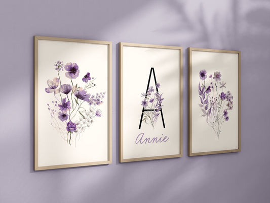 Personalized Set of 3 Purple Boho Wildflowers Floral Art Prints, Wall Art, Bloom Bouquet, Nursery Decor, Play Room, Girl Baby Room Ideas 129